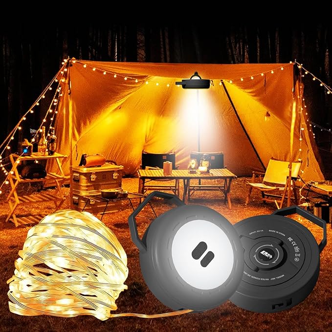 Retractable Camping String Lights Reel, Portable Stowable Rechargeable Strip Light, Waterproof Tent Lantern for Outdoor Hiking Awning Garden Party Festival Decor (Black)