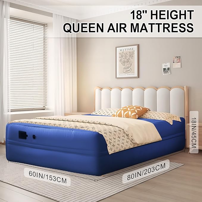 Air Mattress Queen with Built-in Pump - 3 Min Fast Inflation/Deflation Wireless Rechargeable Pump, Portable Camping Air Bed, Cooling Pongee Fabric Blow Up Mattress, (18" Indigo)