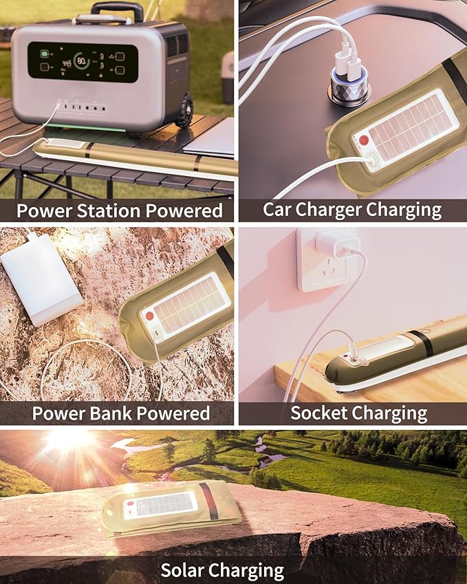 Solar/Type-C Rechargeable Camping Light Bar, IP66 Waterproof LED Tube, TPU Ultralight Electric Light, 2000mAh Foldable Inflatable Outdoor Tent Light for Camping, Hiking, Traveling, Party (Khaki 2 PCS)