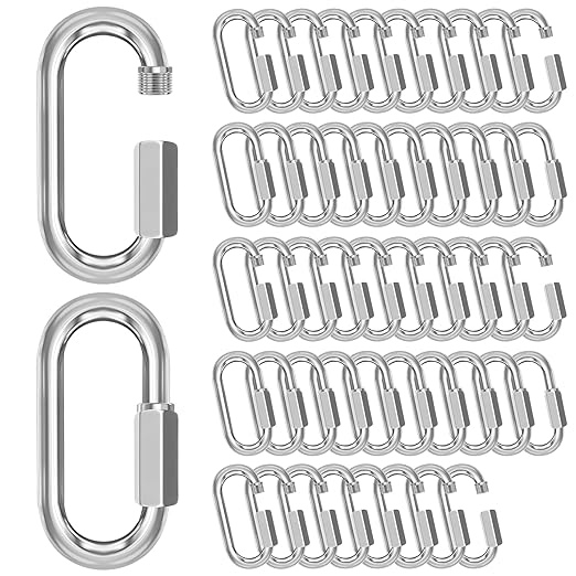 M6-50 Pack 2.3” Quick Links Chain Connectors, 1/4″ Galvanized Chain Locking Carabiners Hooks, 620LBS Heavy Duty Thread Quick Link Clips, Twist Oval Keychain D Shape for Swing, Camping