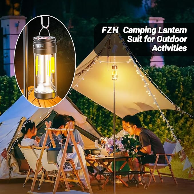 FZH Camp Lantern Rechargeable, Camp Light Flashlight with Magnetic, Power Bank, White/Warm/Red SOS Light Mode for Emergencies, Camping, Hiking,Tent
