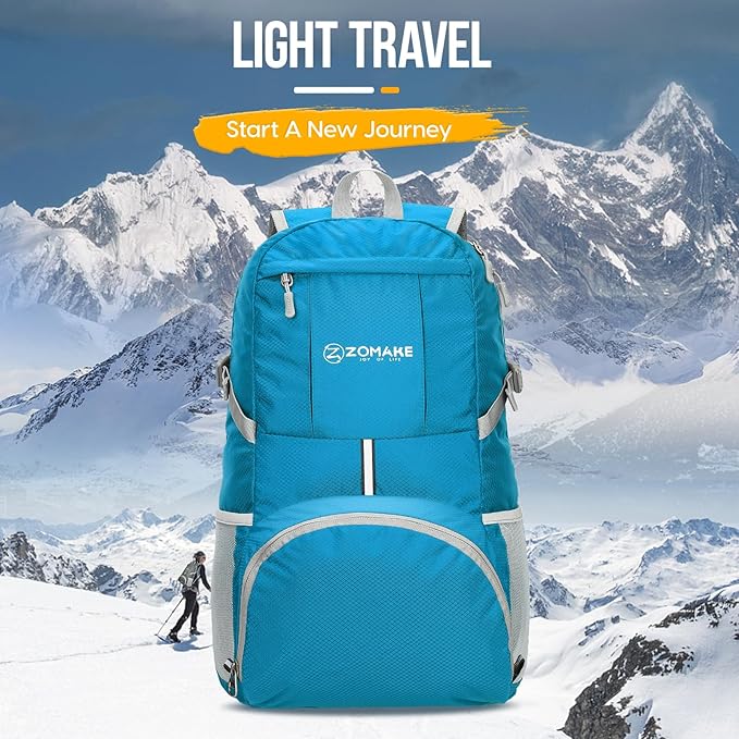 ZOMAKE Lightweight Packable Backpack 35L, Light Foldable Backpacks Water Resistant Collapsible Hiking Bag, Compact Folding Day Pack for Travel Camping(Light Blue)