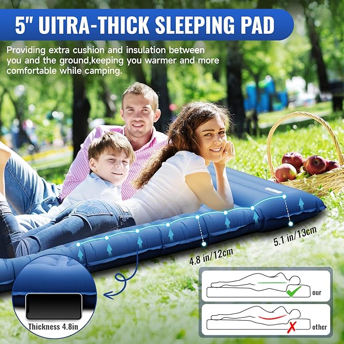 KASIMO Double Sleeping Pad for Camping,5" Ultra-Thick 1.4x2M for 2 Person with Pillow Built-in Foot Pump Inflatable Sleeping Mat for Backpacking, Hiking, Traveling, Tent, Portable Camping Mat