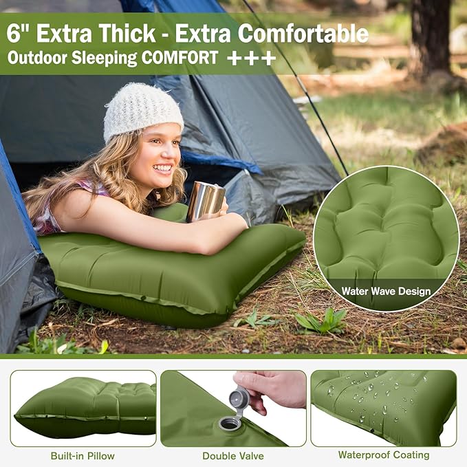 Sleeping Pad, 6" Extra Thick Camping Mat with Pillow Built-in Foot Pump, Ultra Comfortable Inflatable Sleeping Mat for Camping, Backpacking, Hiking, Camp Tent - Enjoy a Comfy Sleep
