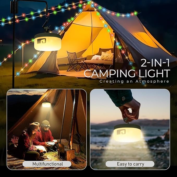 Camping String Lights Outdoor Multi-Color,1500mAh USB Portable Rechargable Camping Lights String 26.2FT with 5 Lighting Modes,Waterproof Camping Lantern String for Party&Halloween(Green)