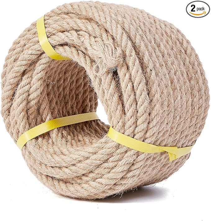 Heavy Duty Jute Rope - 1/2 Inch, 100 Feet, Natural Hemp, Twisted, Ideal for Crafts, Gardening, Bundling, Climbing, Hammock, Nautical, Tug of War, Railings, Home Decorating