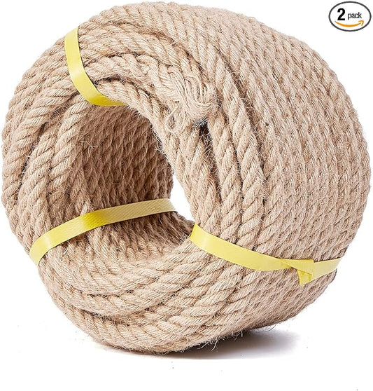 Heavy Duty Jute Rope - 1/2 Inch, 100 Feet, Natural Hemp, Twisted, Ideal for Crafts, Gardening, Bundling, Climbing, Hammock, Nautical, Tug of War, Railings, Home Decorating