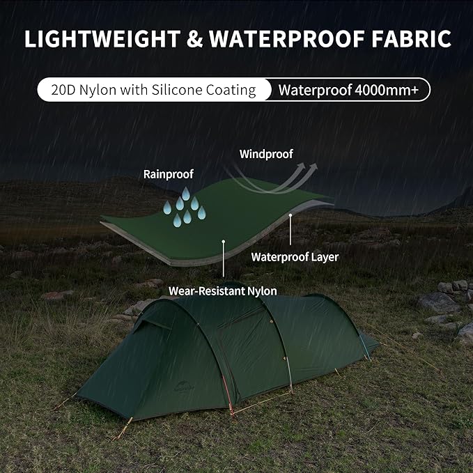 Naturehike Opalus Tunnel Backpacking Tent for 2-3 Person, 2 Person 3 Person Backpacking Tent, Lightweight Camping Tent with Footprint & Vestibule