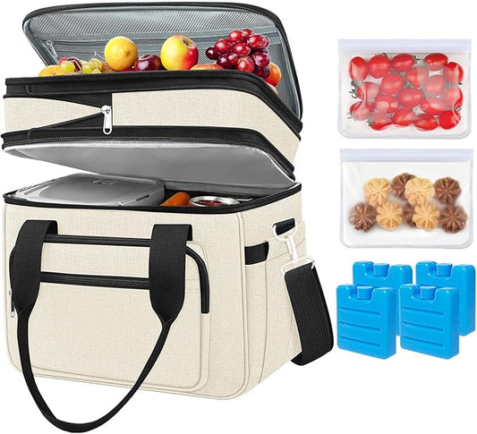 23L Extra Large Expandable Insulated Cooler Lunch Box for Men Double Deck Leakproof Heavy Duty Lunch Bag with 4 Ice Packs&2 Snack Bags for Adult/Construction/Women/Work/Picnic/Camping - Beige