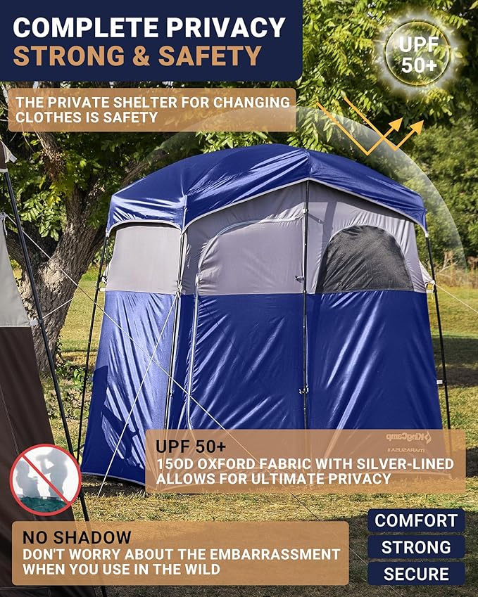 KingCamp Camping Shower Tent, Portable Outdoor Privacy Toilet & Changing Tent Windproof & Waterproof Easy Setup 1 or 2 Room Shelter with Shower Bag for Camping Hiking Beach