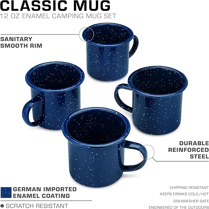 COLETTI Classic Camping Mugs — Enamel Coffee Mug, Camping Coffee Mugs — Premium Nostalgic Mug Set, German Imported Enamel Coating [Blue] [12 oz, Set of 4]