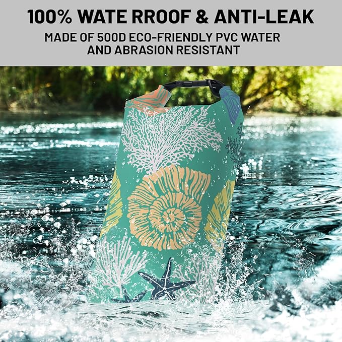 Waterproof Dry Bag,Roll Top Coastal Summer Beach Coral Starfish Waterproof Backpack 5L/10L/20L Floating and Lightweight Bags for Kayaking, Boating, Swimming and Camping with Waterproof Phone Case