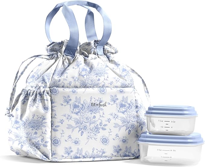 Fit & Fresh Lunch Bag For Women, Insulated Womens Lunch Bag For Work, Stain-Resistant Large Lunch Box For Women With Containers, Cinch Closure Cromwell Bag, Cornflower Floral Toile