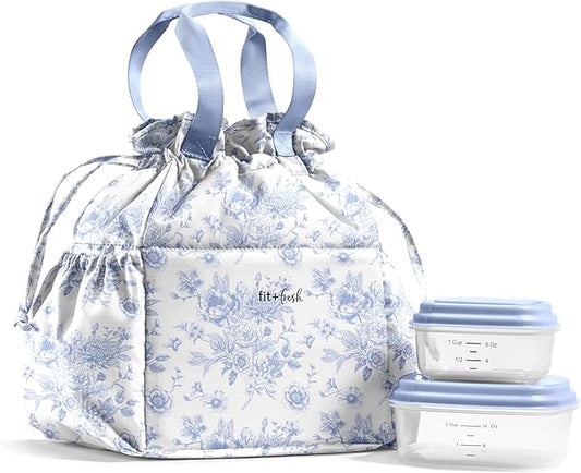 Fit & Fresh Lunch Bag For Women, Insulated Womens Lunch Bag For Work, Stain-Resistant Large Lunch Box For Women With Containers, Cinch Closure Cromwell Bag, Cornflower Floral Toile
