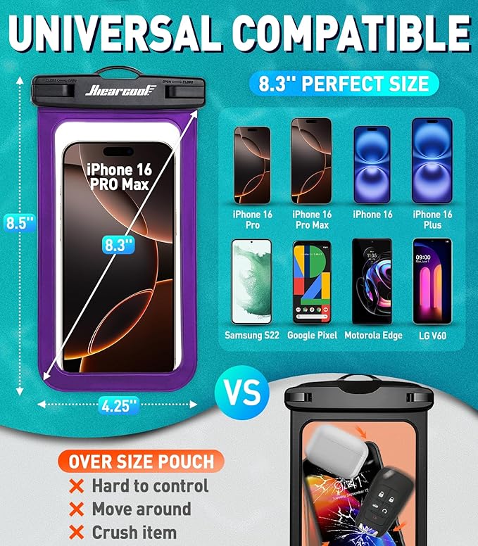 Hiearcool Universal Waterproof Phone Pouch, Dry Bag Compatible for iPhone 16 15 14 13 Pro Max XS Plus Samsung Galaxy S22 Cellphone Up to 8.3", IPX8 Water Proof Cell Phone Case for Beach-2Pack