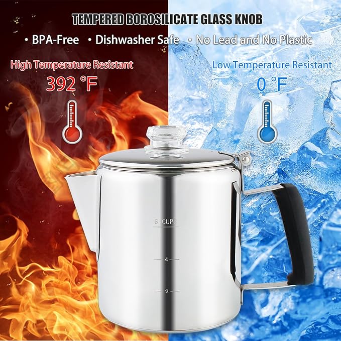 Multi Use 6 Cup Coffee Pot Bundle Coffee Percolator with 2 Mugs Stainless Steel Coffee Maker with Two Heat Resistant Tough Borosilicate Glass Knob Fireproof Silica Handle Using on any Stovetop