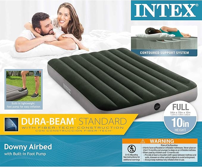 Intex 64762E Dura-Beam Standard Downy Air Mattress: Fiber-Tech – Full Size – Built-in Foot Pump – 10in Bed Height – 300lb Weight Capacity