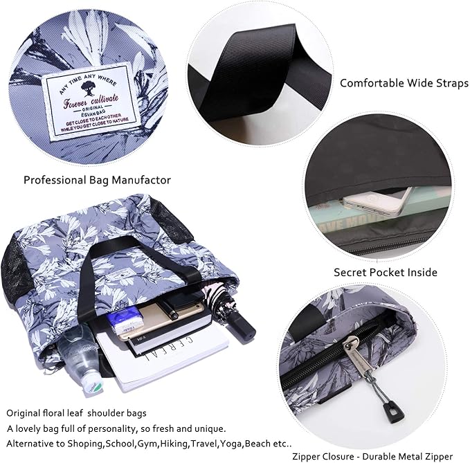 ESVAN Original Floral Water Resistant Large Tote Bag Shoulder Bag for Gym Beach Travel Daily Bags Upgraded