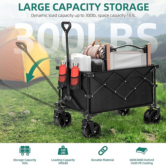 YITAHOME Collapsible Foldable Wagon, 183L Capacity Heavy Duty Utility Wagons Carts with Big Wheels and Brakes Portable for Outdoor Sand Beach Shopping Camping Garden Lounge Grocery Cart Stroller Wagon