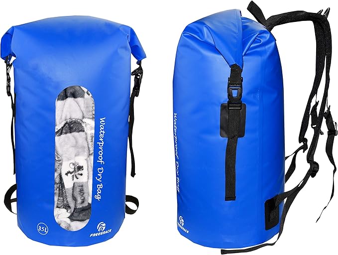 Waterproof Dry Bags Set of 3 - Dry Bag with 2 Zip Lock Seals, Waist Pouch & Phone Case - Can Be Submerged Into Water for Swimming, Kayak, Rafting & Boating (Window, Navy Blue, 35L)