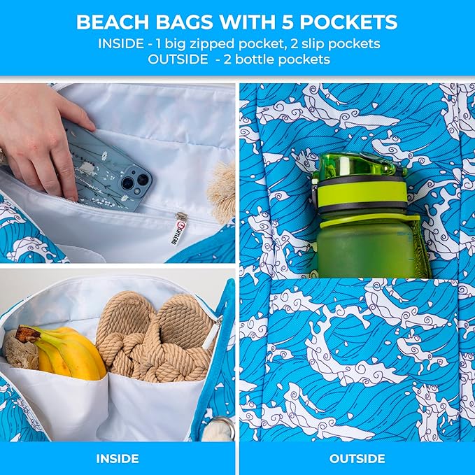 SHYLERO Beach Bag and Pool Bag. Has Airtight Pouch, Ton of Pockets. Beach Tote is Zippered, Water Resistant. Family Size