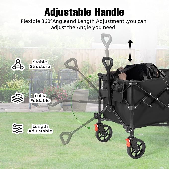 Collapsible Wagon Cart Foldable, 220L Folding Wagon Cart with All-Terrain Wheels, Outdoor Utility Carts with 350lbs Weight Capacity for Grocery Beach Camping Shopping, Black