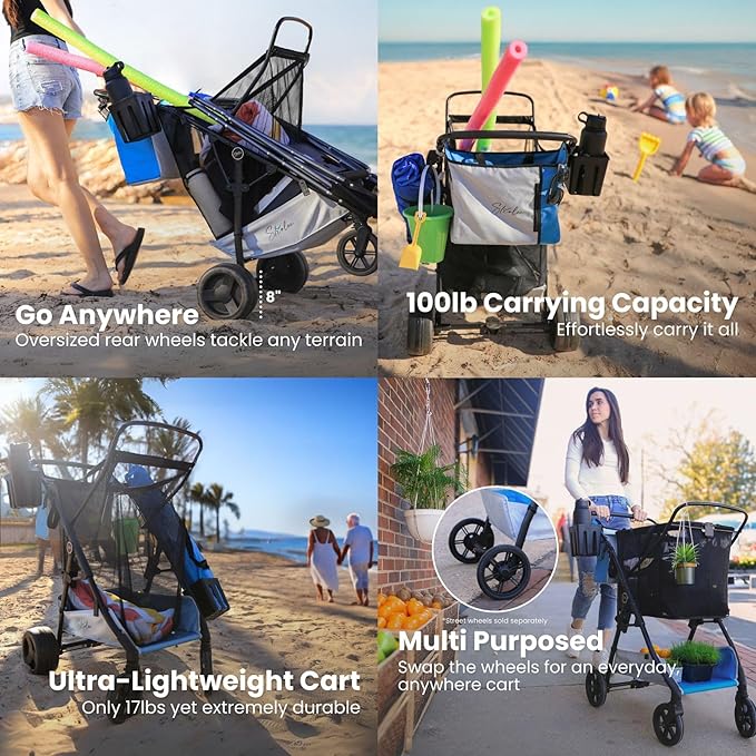 Large Wheeled Collapsible Beach Cart for Soft Sand, Shopping, Camping & Garden- Lightweight Aluminum Frame- Removable Storage Bag with Carrying Straps, X-L Capacity & Cooler Rack (Blue)