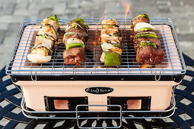 Fire Sense 60450 Yakatori Internal Grates Charcoal Chrome Cooking Grill Japanese Table BBQ Handmade Using Clay Adjustable Ventilation For Outdoor Barbecues Camping Traveling - Large - Tan