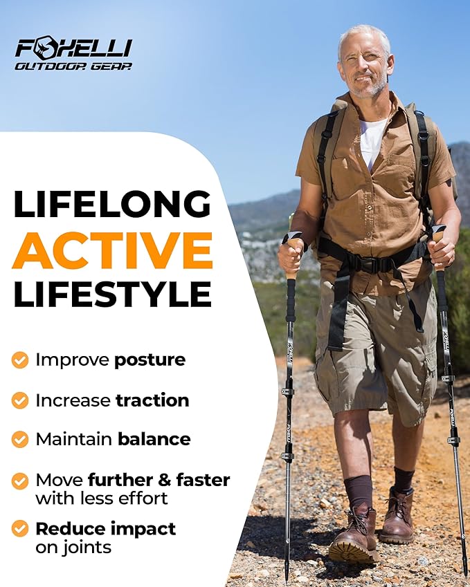 Foxelli Trekking Poles – Lightweight Collapsible Aircraft Grade Aluminum Hiking Poles with Cork Grips Quick Locks & All-Terrain Accessories – Pair of 2