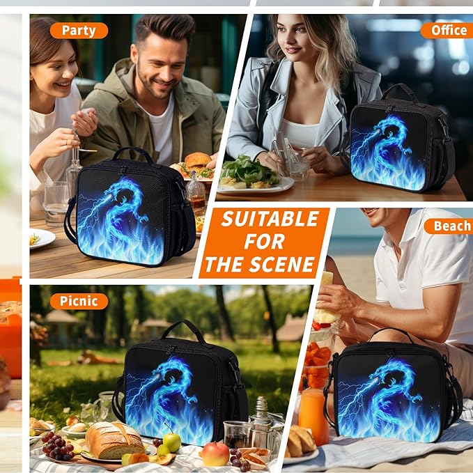 Blue Lightning Pattern Lunch Bag Blue Fire Dragon Lunch Boxes for Women/Man Office Work Travel, School, Work, Picnic, Durable Reusable Insulated Large Lunch Tote Bag with Adjustable Shoulder Strap