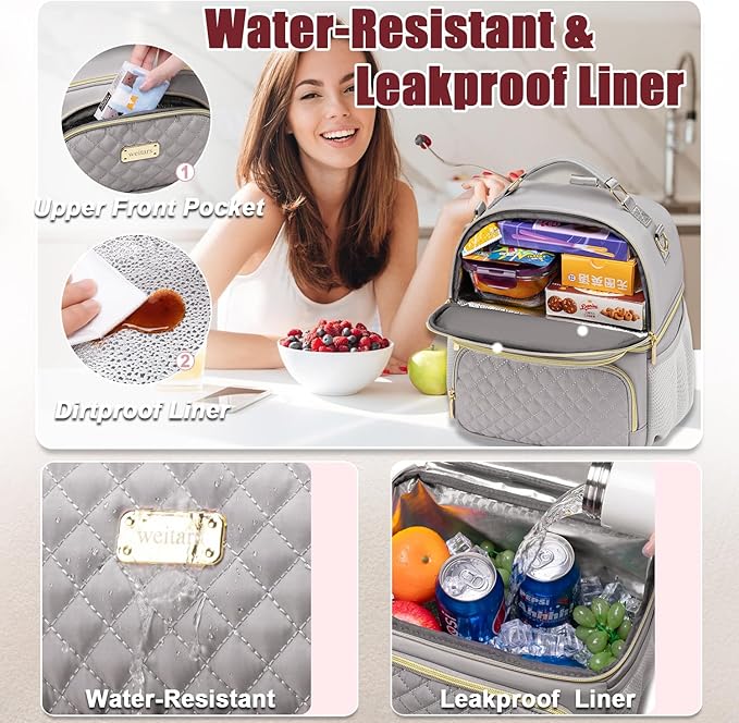 Weitars Lunch Bag for Women,Dual Compartment Lunch Box for Women Lunch Tote for Work,Insulated Leakproof Lunch Cooler Bag with Side Pockets and Adjustable Strap for Hiking,Picnic,Beach