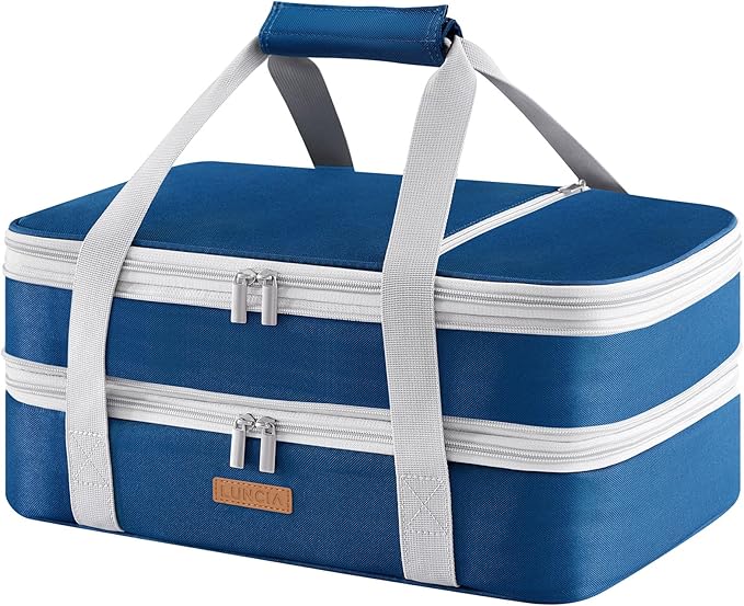 Double Decker Insulated Casserole Carrier for Hot or Cold Food, Lasagna Lugger Tote for Potluck Parties/Picnic/Cookouts, Fits 9"×13" Baking Dish, Pure Blue