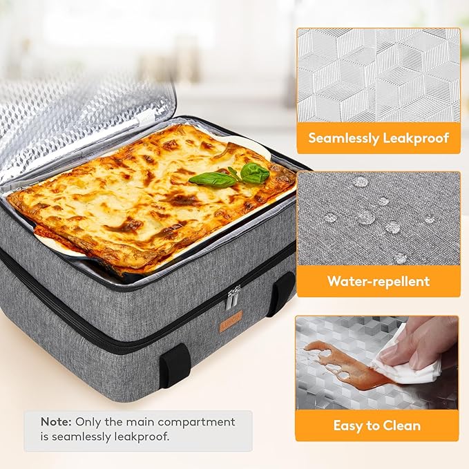 Double Decker Insulated Casserole Carrier for Hot or Cold Food, Lasagna Holder Tote for Potluck Parties/Picnic/Cookouts, Fits 9"x13" Baking Dish, Grey