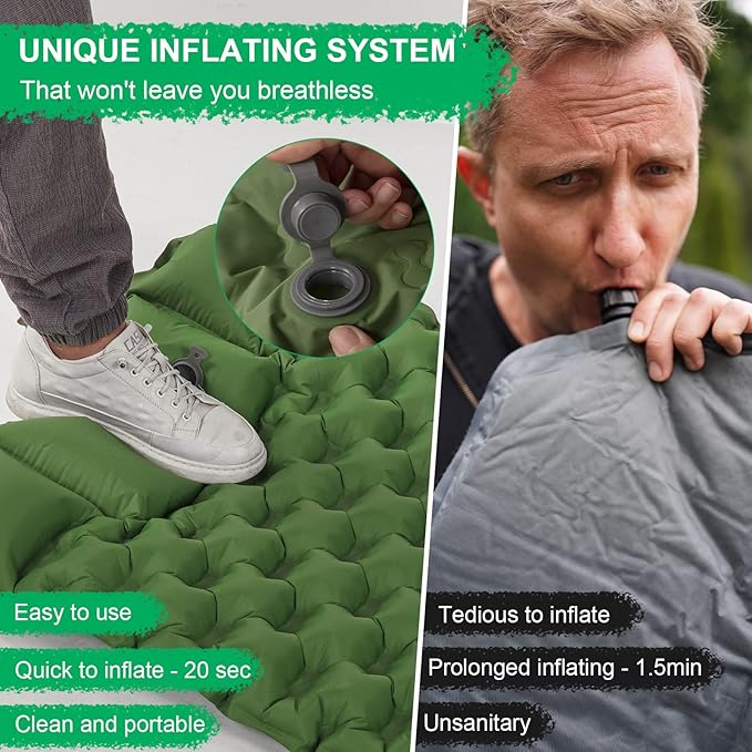 WANNTS Sleeping Pad, Ultralight Inflatable Sleeping Pad for Camping, Built-in Pump, Ultimate for Camping, Hiking - Airpad, Carry Bag, Repair Kit - Compact & Lightweight Camping Pad(Green)