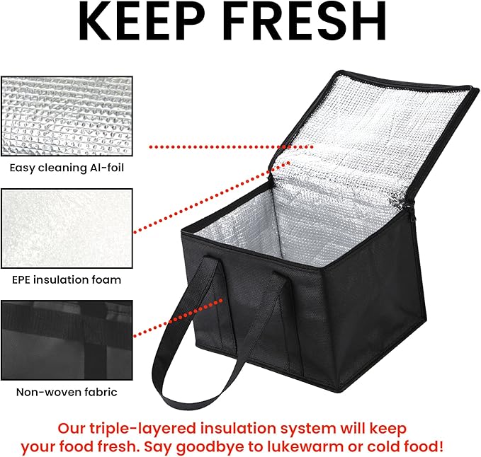 NZ home Insulated Cooler Bag and Food Warmer (Small, 2 pack) for Food Delivery & Grocery Shopping with Zippered Top, Black