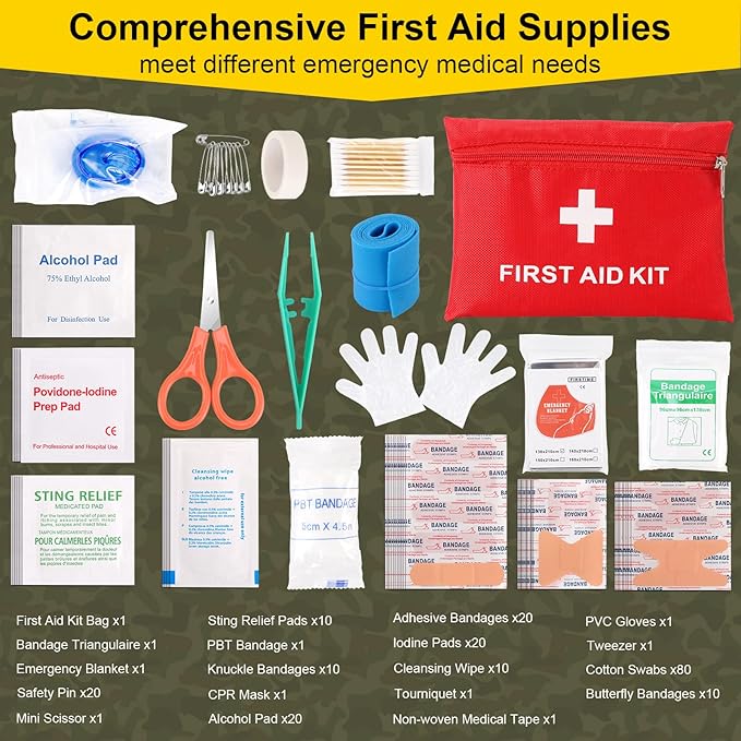 Survival First Aid Kit, 248PCS Survival Tools Camping Essentials Tactical Gear Emergency Trauma Medical Supplies Packed in a MOLLE Pouch, Saber Card,Cool for Men Camping Hiking Outdoor Activities