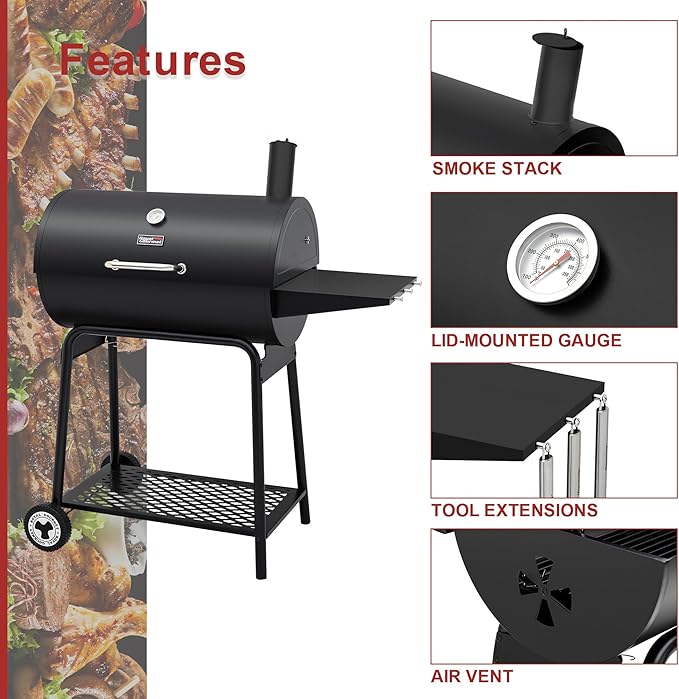 Royal Gourmet CC1830 30 Inch Barrel Charcoal Grill with Side Table, Outdoor BBQ Grill with 627 Sq. In. Cooking Space for Backyard, Patio and Parties, Black