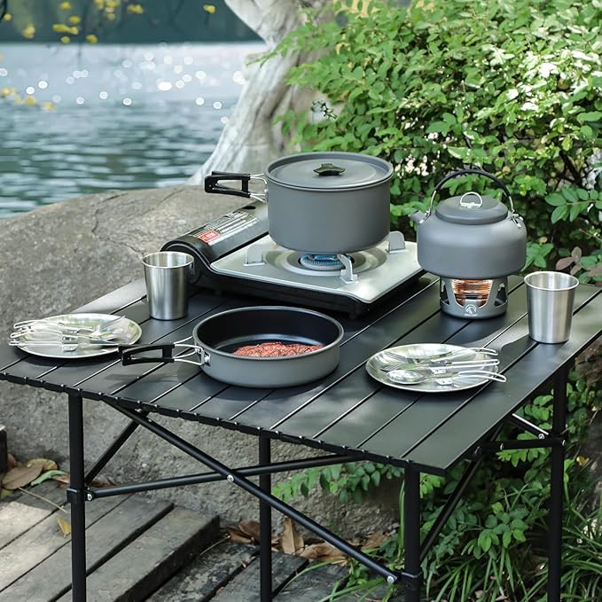 REDCAMP 12/14/15/19 PCS Camping Cookware Mess Kit Camping Gear Campfire Utensils Lightweight Stackable Pot Pan Bowls Soup Spoon with Storage Bag for Camping, Backpacking, Outdoor Cooking, Picnic