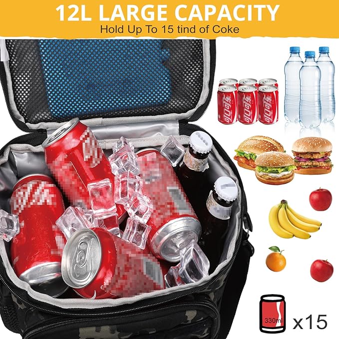 Tactical Lunch Box for Men, Insulated Lunch Bag MOLLE Webbing Leakproof, Cooler Large Lunchbox Women with Adjustable Shoulder Strap Durable, Construction Heavy Duty Lunch Pail, Black Camo