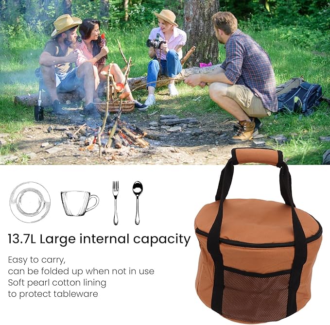 Topyond Camp Kitchen Organizer, Camp Utensil Organizer, Outdoor Large Round Cookware Bag, Foldable Waterproof Canvas Camping Sundries Storage Bag with Pearl Cotton Inside