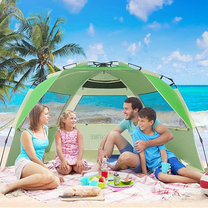 G4Free Easy Set up Beach Tent Deluxe XL, Pop up Sun Shelter for 3-4 Persons with UPF 50+ Protection Beach Shade with Extended Floor