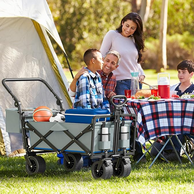 YITAHOME Large Collapsible Garden Cart w/Removable Canopy, Heavy Duty Outdoor Foldable Garden Cart w/Rear Storage and Flexible Swivel Wheels for Shopping, Picnic, Camping, Sports,Grey