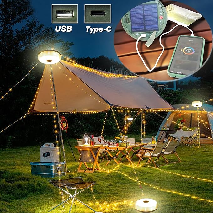 Solar Retractable Camping String Lights Reel 39 FT, Portable 3600mAh Rechargeable Strip Light with Remote Control Timer, Waterproof Tent Lantern for Hiking Awning Party Festival Decor (Warm White)