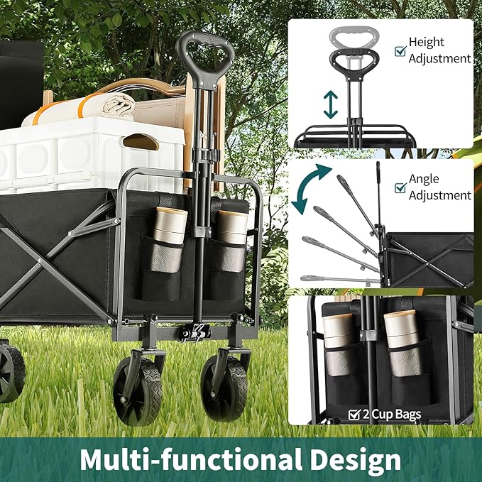 Collapsible Wagon Cart Foldable, 30" L Folding Beach Wagon with All-Terrain Wheels, Shopping Cart with 250lbs Capacity, Portable Camping Wagons Carts for Grocery Garden and Sports, Modern Black