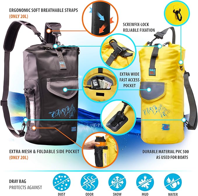 Luck route Dry Bag - Waterproof Backpack for Kayaking, Boating and Fishing - Quick-Access Outer Pocket & 500D Tear Resistance PVC