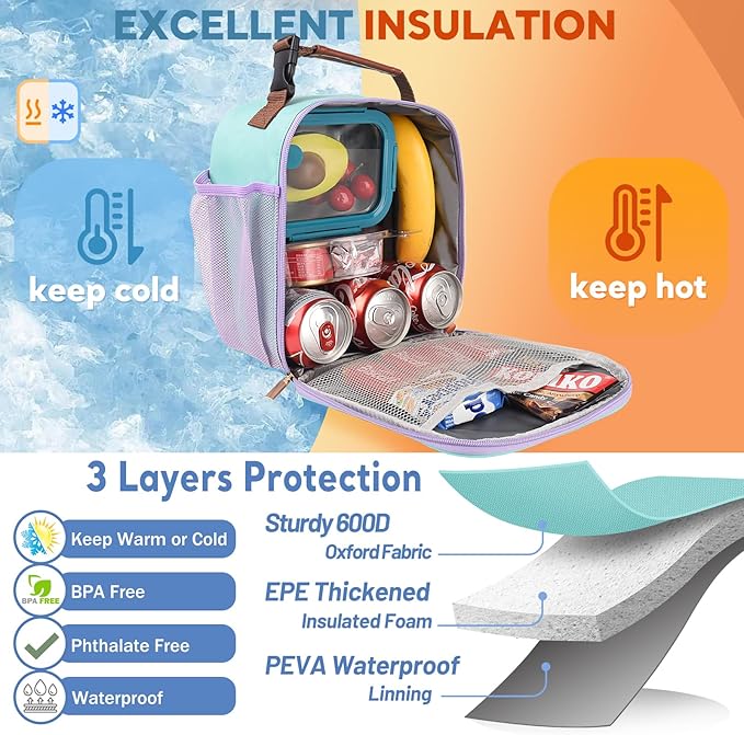 Lunch Box Reusable Lunch Bag for Men Women Kids Adults,Insulated Lunch Bag Waterproof LunchBox Cooler,Small LunchBox With Side Pockets for Work Office School Travel Picnic-Light Green