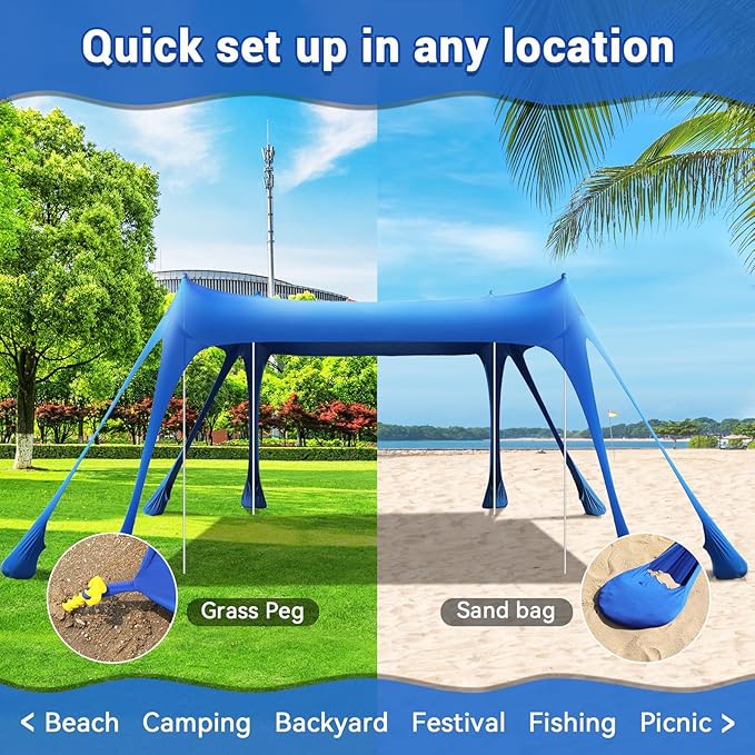 Beach Tent, UPF50+ Protection Sun Shade Canopy with 8 Sand Bags, Sturdy and Durable,Easy to Install, Outdoor Beach Tent Sun shelter for Camping Trips, Backyard，Picnic (9.8 x 9.8 Ft, Dark Blue)