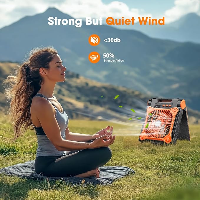 Solar Camping Fan with LED Lantern, 20000mAh Rechargeable Battery Powered with 10W Solar Panel and Emergency Power Bank, Quiet Battery Operated Tent Fan for Picnic, Barbecue, Fishing, Travel