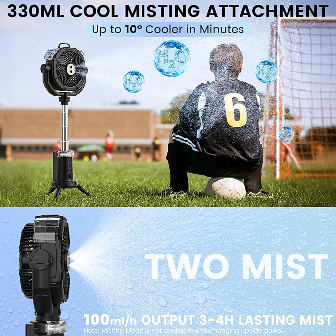 Camping Fan Rechargeable 330ml Portable Misting Fan 20000mah Battery Powered With Led Light Height Adjustable Remote Hook Oscillating Floor Outdoor Fan For Camping Patios, 2 Spray Mister, Black