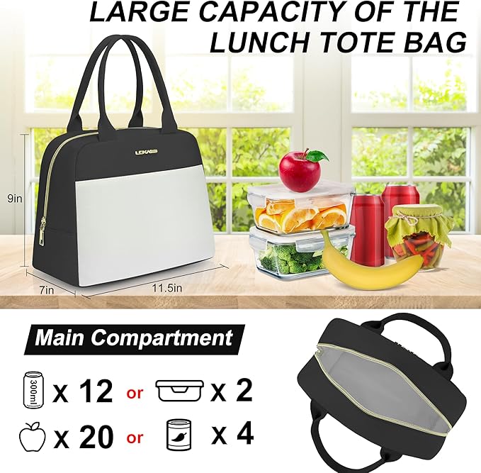 LOKASS Lunch Bag for Women-Insulated Adults Lunch Box with Front Pocket- Small Cute Lunch Tote for Work-Reusable Cooler Bag for Office Picnic Beach or Travel（Black）